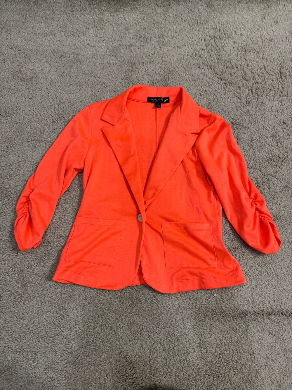 Living Doll Bright Orange Knit Blazer with Ruched Sleeves